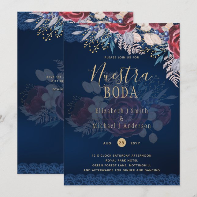 Invitación Nuestra Boda Burgundy Blue Floral Lace INVITE (Anverso / Reverso)