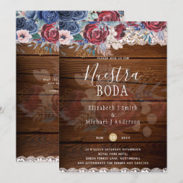 Invitación Nuestra Boda Burgundy Blue Floral Lace INVITE