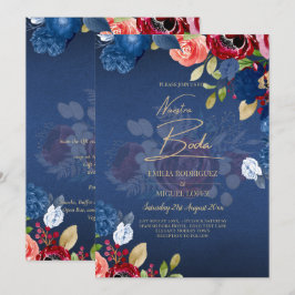 Invitación NUESTRA BODA Burgundy Blue Floral Wedding INVITE