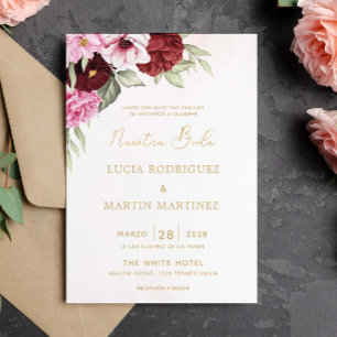 Invitación Nuestra Boda de Blanco Floral Rojo y Rosa