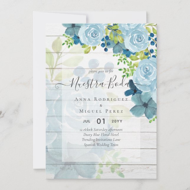 Invitación NUESTRA BODA Dusty Blue Floral Boda español (Anverso)
