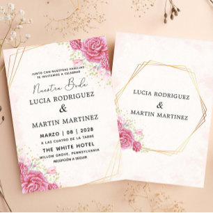 Invitación Nuestra Boda Española de Oro Floral Rosa Moderno