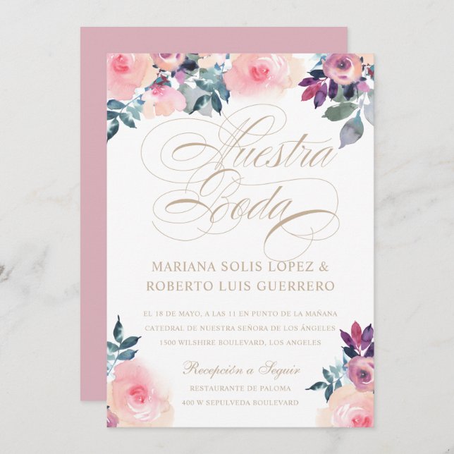 Invitación Nuestra Boda flamadas rosada morada (Anverso / Reverso)