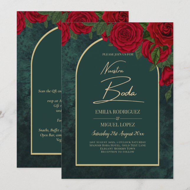Invitación NUESTRA BODA Green Gold RED Roses Winter INVITE (Anverso / Reverso)