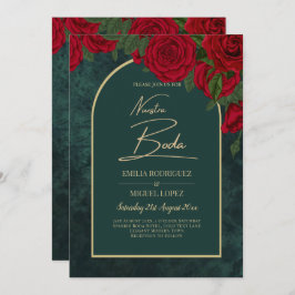 Invitación NUESTRA BODA Green Gold RED Roses Winter INVITE