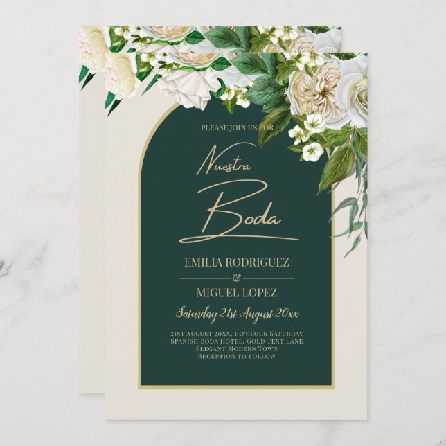 Invitación NUESTRA BODA Green Gold White Roses Winter INVITE (Anverso / Reverso)