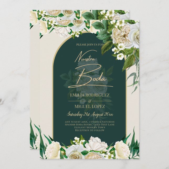 Invitación NUESTRA BODA Green Gold White Roses Winter INVITE (Anverso / Reverso)