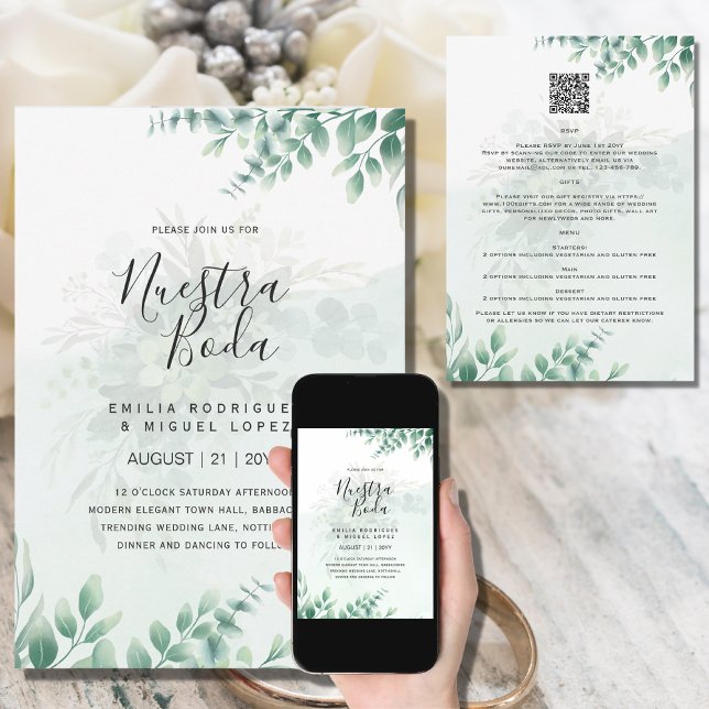 Invitación NUESTRA BODA Greenery RSVP MENU DETALLE QRCode (Subido por el creador)