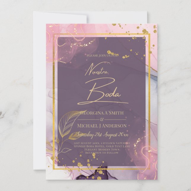 Invitación NUESTRA BODA Púrpura Tinta de Oro Pink Wedding INV (Anverso)