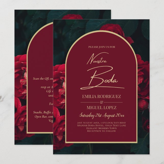 Invitación NUESTRA BODA Red Roses Forest Green Winter INVITE (Anverso / Reverso)