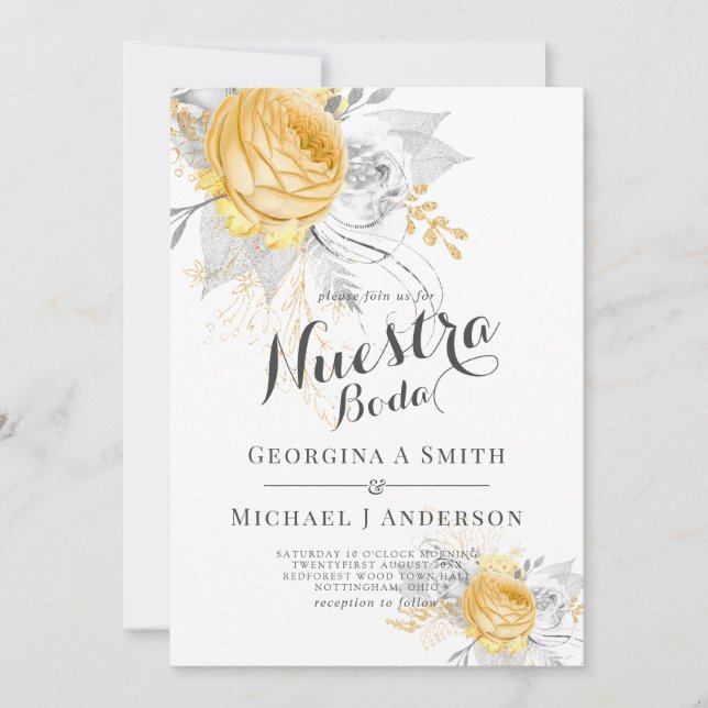 Invitación Nuestra Boda Roses Blancos de Oro Plata deja la mo (Anverso)