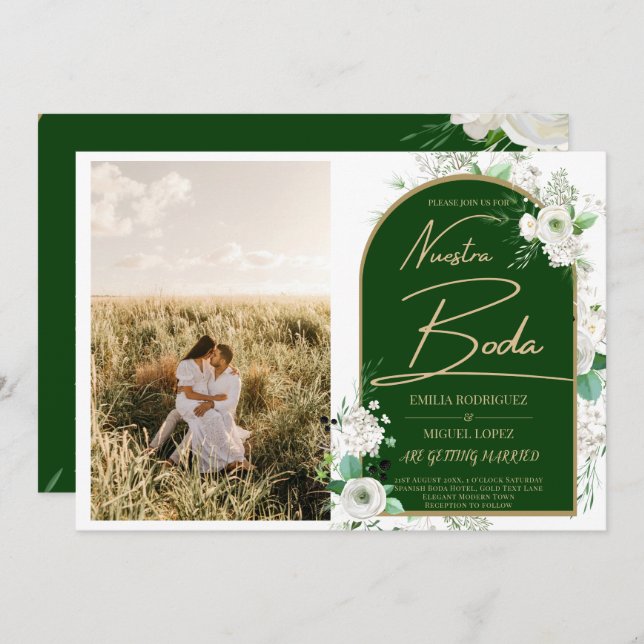 Invitación NUESTRA BODA Roses Blancos Foto Española Invita (Anverso / Reverso)