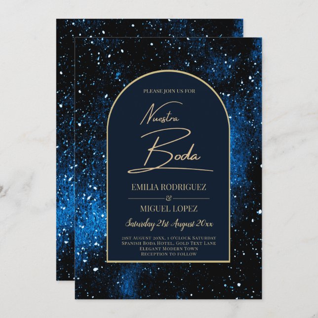 Invitación NUESTRA BODA Starry Night Navy Blue Gold INVITE (Anverso / Reverso)