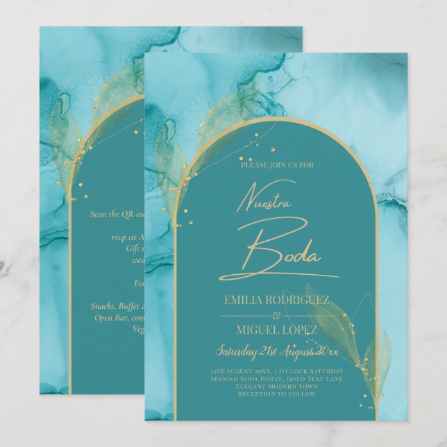 Invitación NUESTRA BODA Turquesa Verde azulada Boda de Oro (Anverso / Reverso)