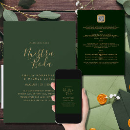Invitación NUESTRA BODA VERDE ORO RSVP MENU DETALLE QRCode