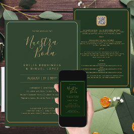 Invitación NUESTRA BODA VERDE ORO RSVP MENU DETALLE QRCode