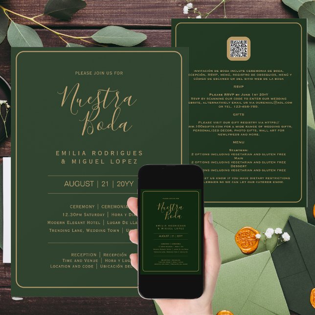 Invitación NUESTRA BODA VERDE ORO RSVP MENU DETALLE QRCode (Subido por el creador)