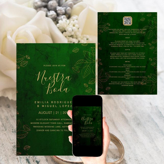 Invitación NUESTRA BODA VERDE ORO RSVP MENU DETALLE QRCode (Subido por el creador)