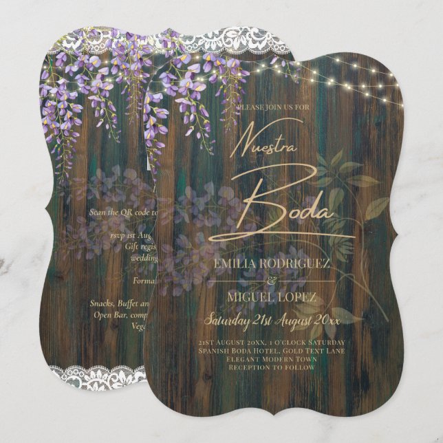 Invitación NUESTRA BODA Wisteria Luces de encaje de madera Bo (Anverso / Reverso)