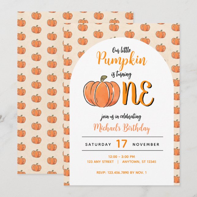 Invitación Nuestra calabaza moderna cumpleaños de otoño (Anverso / Reverso)