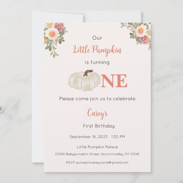 Invitación Nuestra calabaza pequeña es una invitación, primer (Anverso)