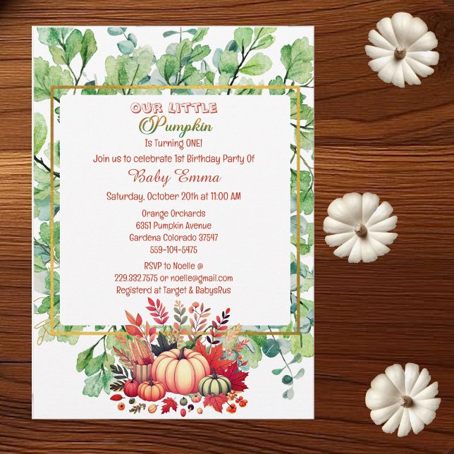 Invitación Nuestra calabaza pequeña Primera Guerra de Caída V (Little Pumpkin 1st Birthday Green Fall Wreath Invitation)