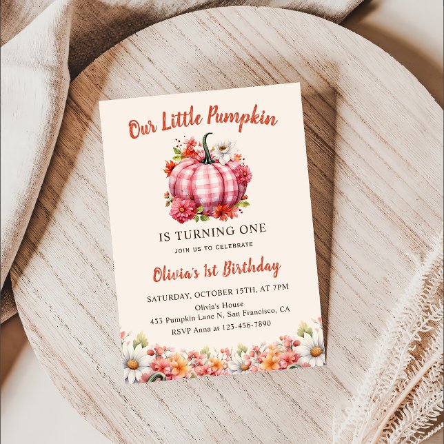 Invitación Nuestra calabaza Pink Plaid Floral Cumpleaños (Subido por el creador)