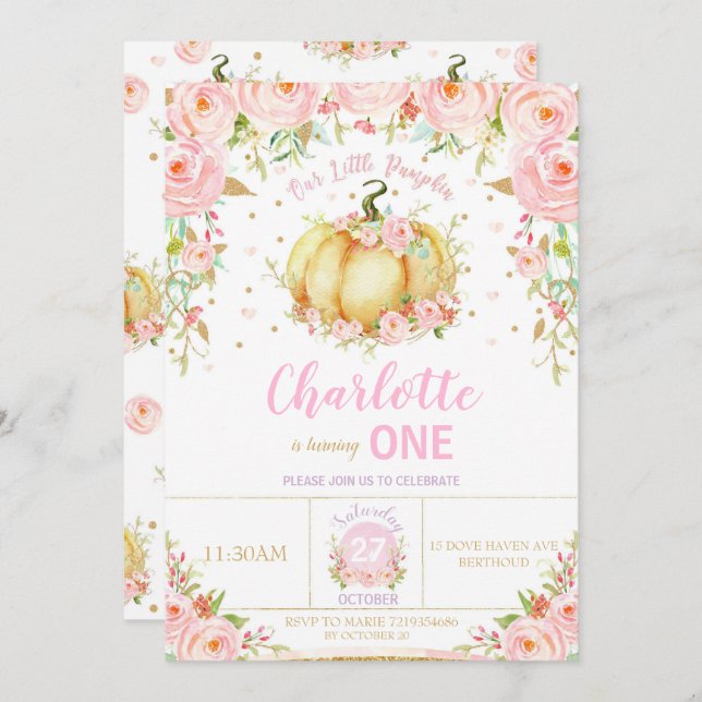 Invitación Nuestra calabaza primera Chica de cumpleaños flora (Anverso / Reverso)