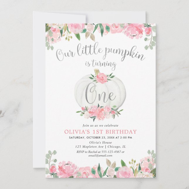 Invitación Nuestra calabaza rosa floral de plata primer cumpl (Anverso)
