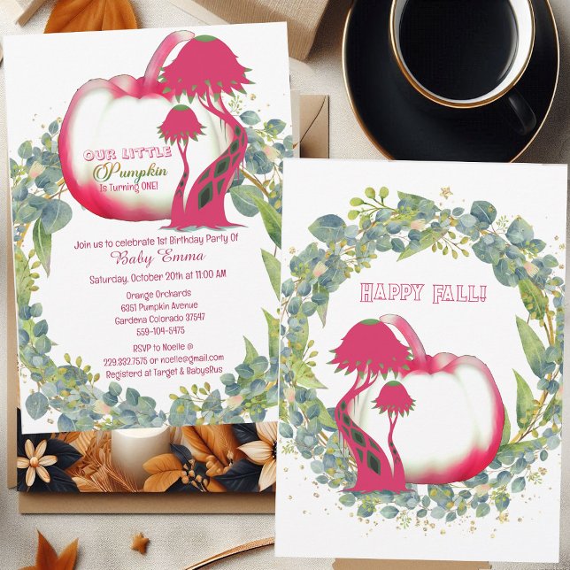 Invitación Nuestra calabaza rosa pequeño 1er cumpleaños Wreat (Our Little Pumpkin Pink 1st Birthday Green Wreath Invitation)