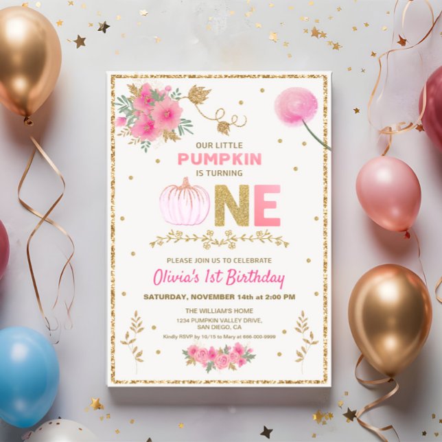 Invitación Nuestra calabaza rosada y de oro Fiesta de cumplea (Our little pumpkin girl pink & gold 1st birthday party invitation)