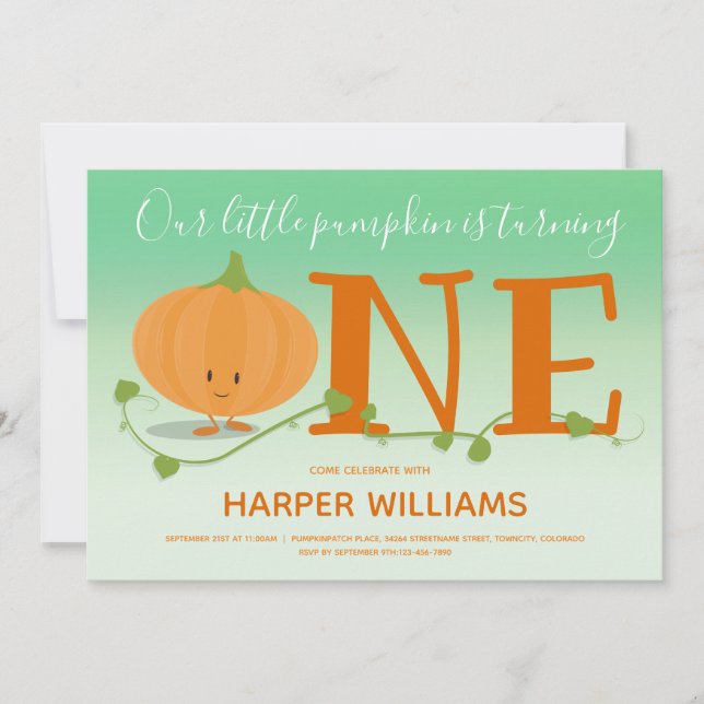 Invitación Nuestra calabaza se vuelve verde de primer cumplea (Anverso)