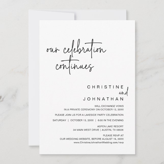 Invitación Nuestra celebración continúa, Fiesta de Elopement  (Anverso)