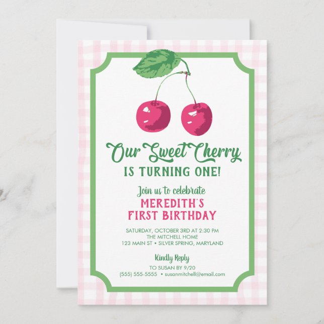 Invitación "Nuestra dulce cereza" cumpleaños rosa y verde (Anverso)