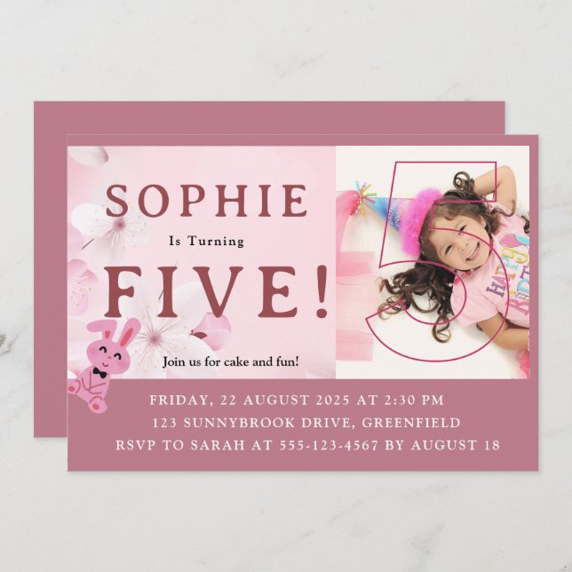 Invitación ¡Nuestra dulce princesa coneja cumple 5 años! Invi (Anverso / Reverso)