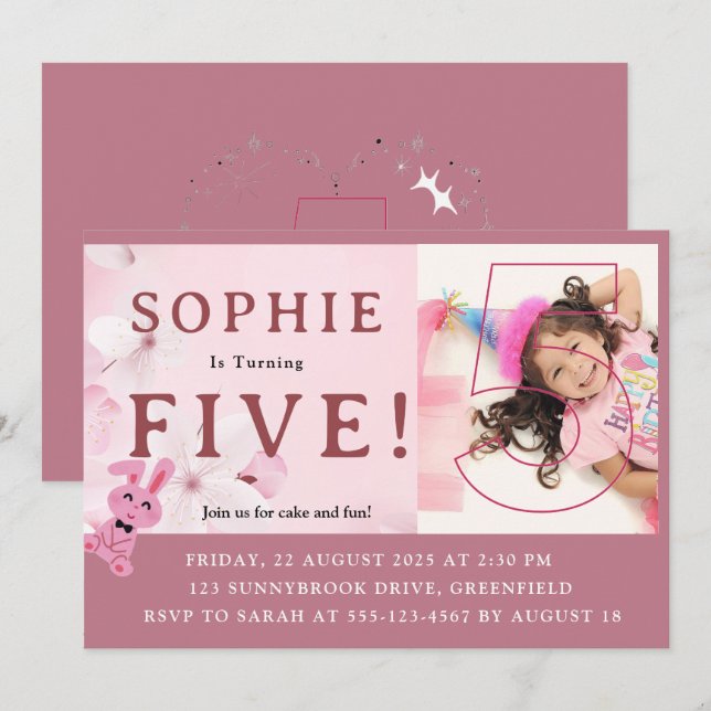 Invitación ¡Nuestra dulce princesa conejo cumple 5! Invitació (Anverso / Reverso)