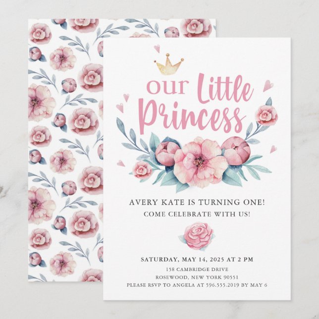Invitación Nuestra fiesta de cumpleaños de la pequeña princes (Anverso / Reverso)