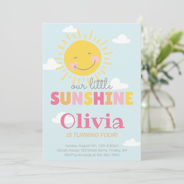 Invitación Nuestra fiesta de cumpleaños rosada bajo el sol de (Anverso de pie)