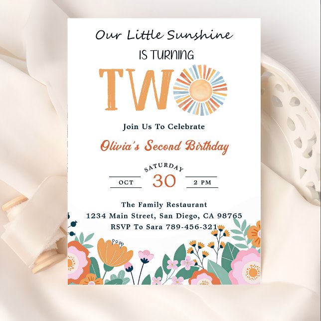 Invitación Nuestra flor de boho de cumpleaños número 2 bajo e (Subido por el creador)