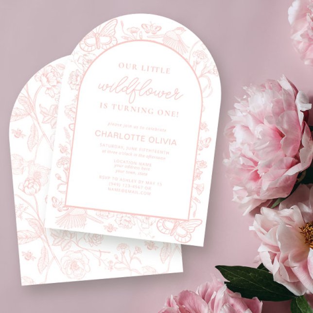 Invitación Nuestra flor silvestre 1 cumpleaños flores rosadas (Subido por el creador)