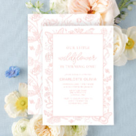 Invitación Nuestra flor silvestre 1 cumpleaños flores rosadas
