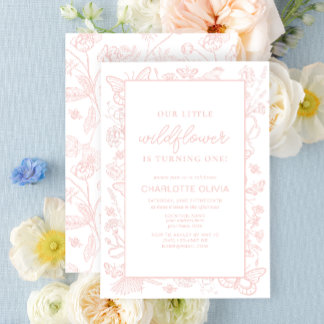 Invitación Nuestra flor silvestre 1 cumpleaños flores rosadas