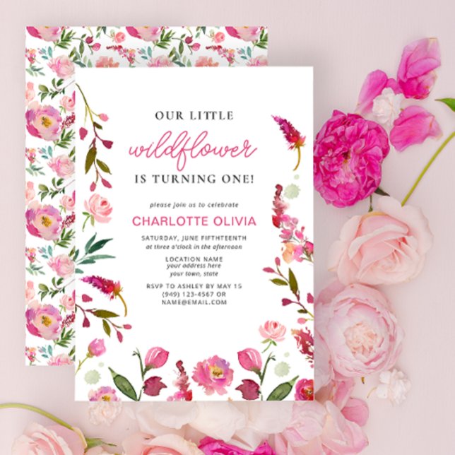 Invitación Nuestra flor silvestre 1er cumpleaños Floral rosa (1st Birthday Invitation)