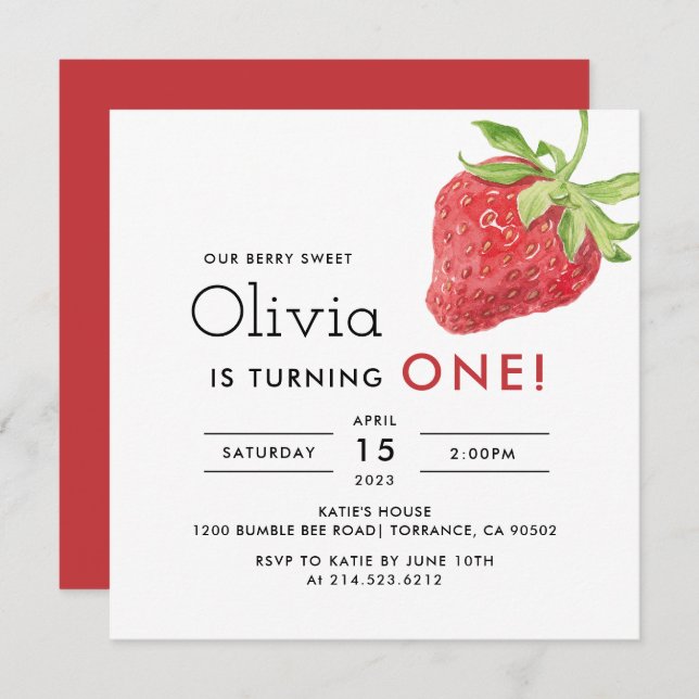 Invitación Nuestra fresa dulce Berry 1er cumpleaños Square (Anverso / Reverso)