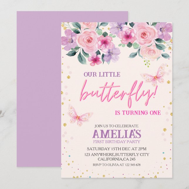 Invitación Nuestra mariposa morada Floral 1er cumpleaños (Anverso / Reverso)