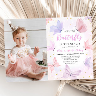 Invitación Nuestra mariposa mosca Chica rosa foto de cumpleañ