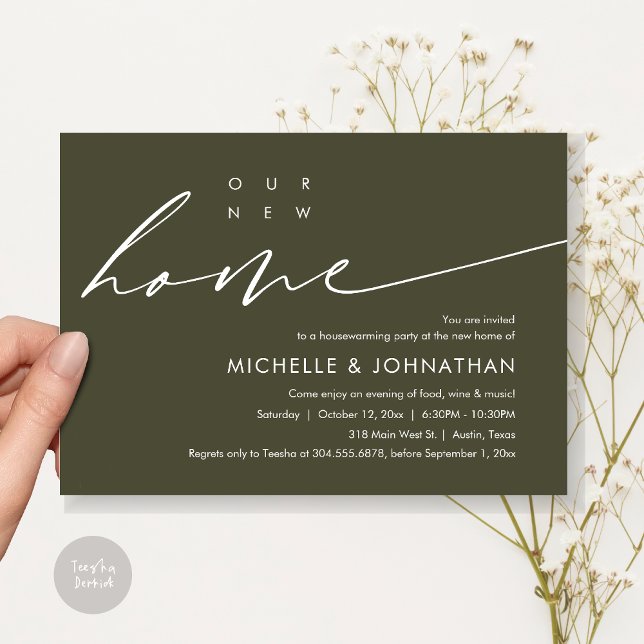 Invitación Nuestra nueva casa, la celebración de los Fiestas  (Our New Home, Housewarming Party Celebration Card, PDF, Modern Minimalist Script, in Olive Green)