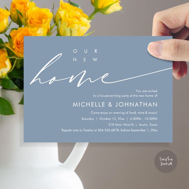 Invitación Nuestra nueva casa, la celebración de los Fiestas  (Our New Home, Housewarming Party Celebration Card, PDF, Modern Minimalist Script, in Dusty Blue)
