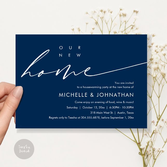 Invitación Nuestra nueva casa, la celebración de los Fiestas  (Our New Home, Housewarming Party Celebration Card, PDF, Modern Minimalist Script, in Navy Blue)