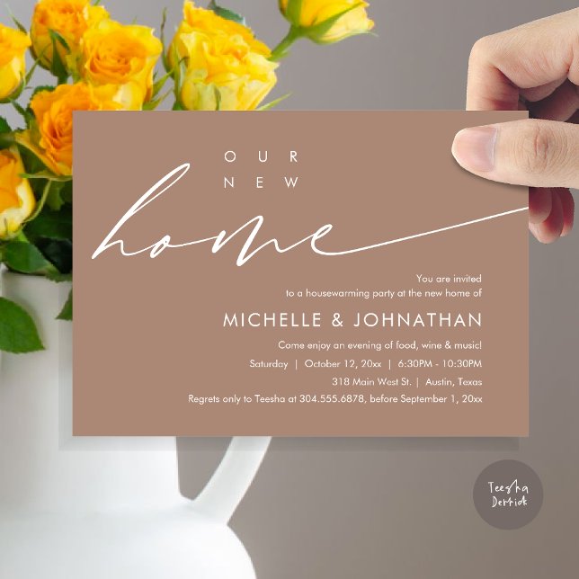 Invitación Nuestra nueva casa, la celebración de los Fiestas  (Our New Home, Housewarming Party Celebration Card, PDF, Modern Minimalist Script, in Earthy Taupe)